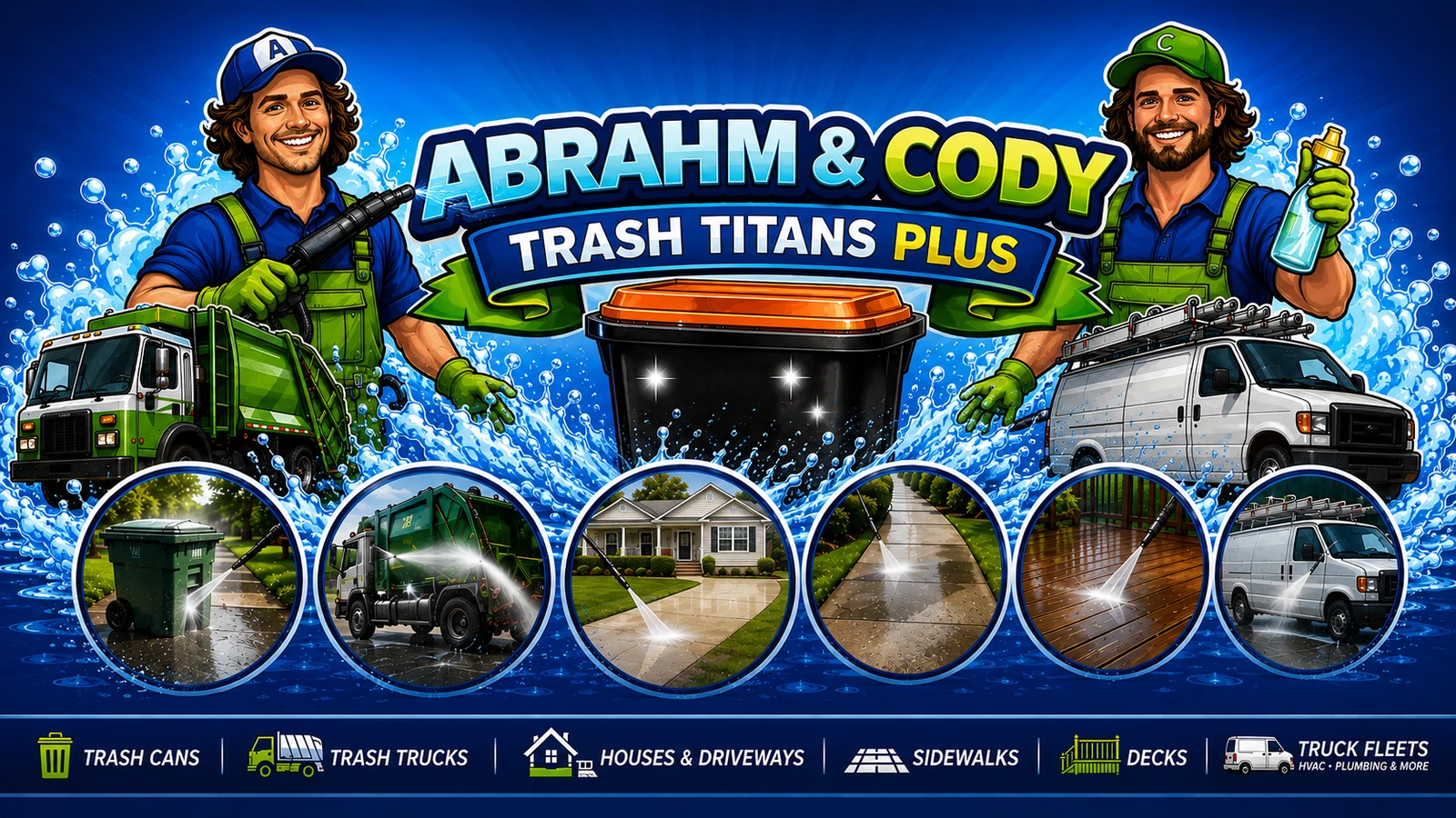 Trash Titans Plus of Newark, Ohio: pressure washing for houses, driveways, sidewalks and decks, plus trash can cleaning, trash truck washing and work-truck fleet washing.