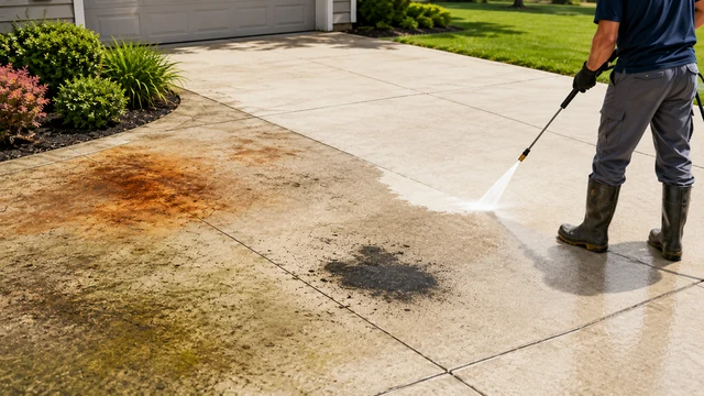 Illustration of a worker cleaning a concrete driveway with rust-colored, dark, and organic surface marks.