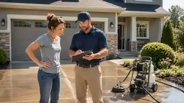 Illustration of a homeowner and exterior-cleaning professional reviewing exterior surfaces before a quote.