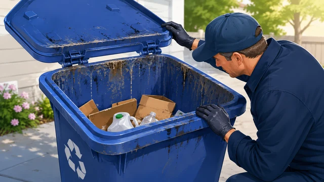 Illustration of a worker inspecting residue inside a blue recycling bin.