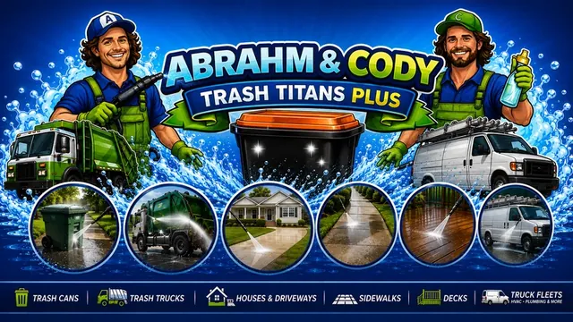Trash Titans Plus service illustration showing several exterior and equipment cleaning categories.