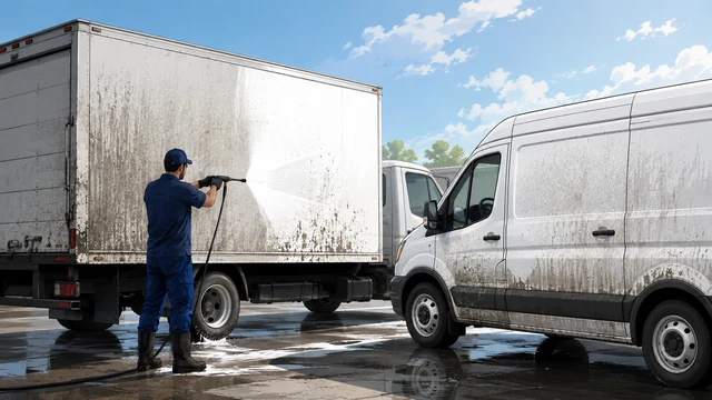 A box truck with road film on its side panels being washed next to a cargo van on a wet paved lot.
