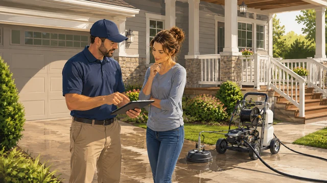 A cleaning technician and a homeowner reviewing a concrete driveway together with a surface cleaner attachment nearby.