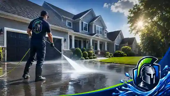 Water rinsing across a residential concrete walkway and driveway apron in front of a house.