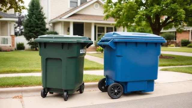 A green trash cart and a blue recycling cart sitting at the curb in front of a suburban house on collection day.