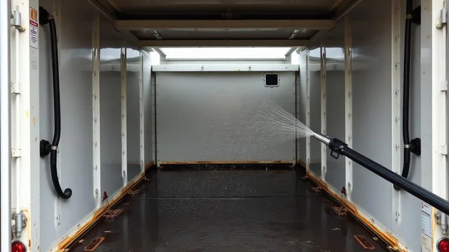 The open rear hopper of a refuse truck being rinsed with a pressure washer wand, with wet steel surfaces inside.