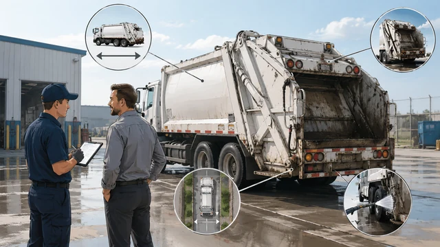 A rear-loading refuse truck parked in a yard while two people walk around it reviewing what needs cleaning.
