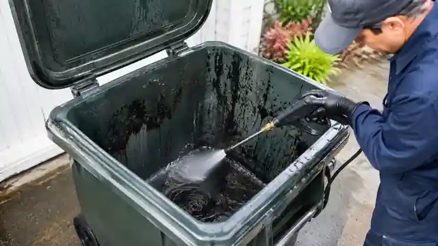 The inside of a residential wheeled trash cart being rinsed out after collection day.