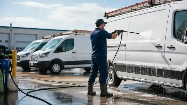 A line of plain white cargo vans parked side by side on a paved lot being washed with a pressure washer.